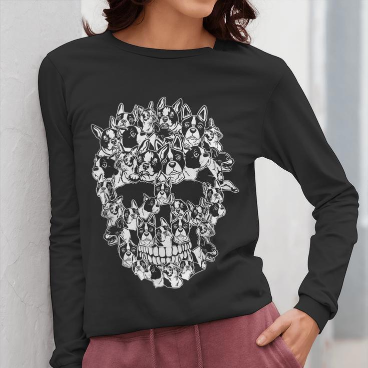 Halloween Costume Skull Boston Terrier Dog Lover Women Long Sleeve T-Shirt, Boston Terrier Halloween Gifts, funny design