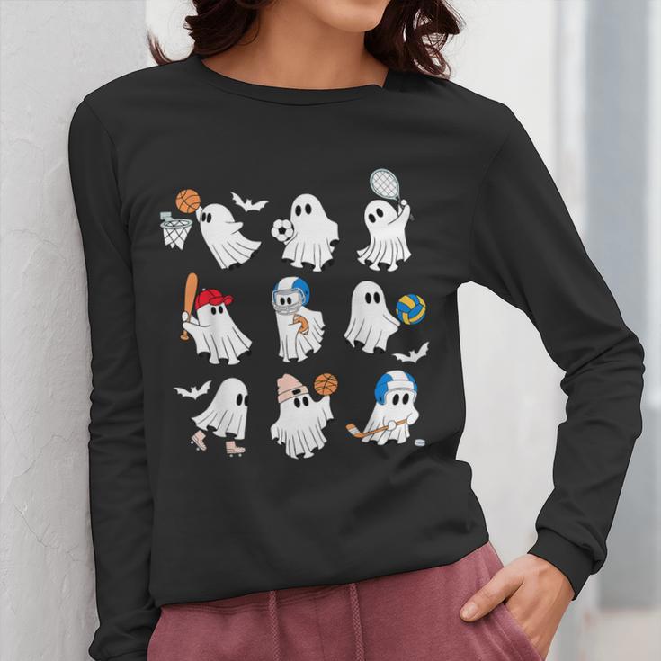 Halloween PE Teacher Ghost Playing Soccer Football Baseball Women Long Sleeve T-Shirt, Pe Teacher Gifts, funny design