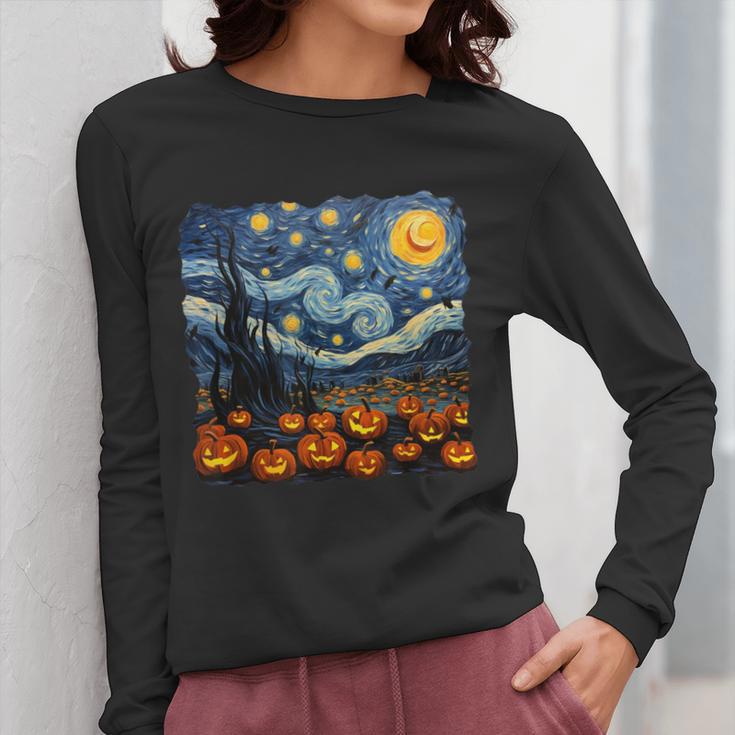 Halloween Pumpkin Starry Night Van Gogh Art Teacher Women Long Sleeve T-Shirt, funny design