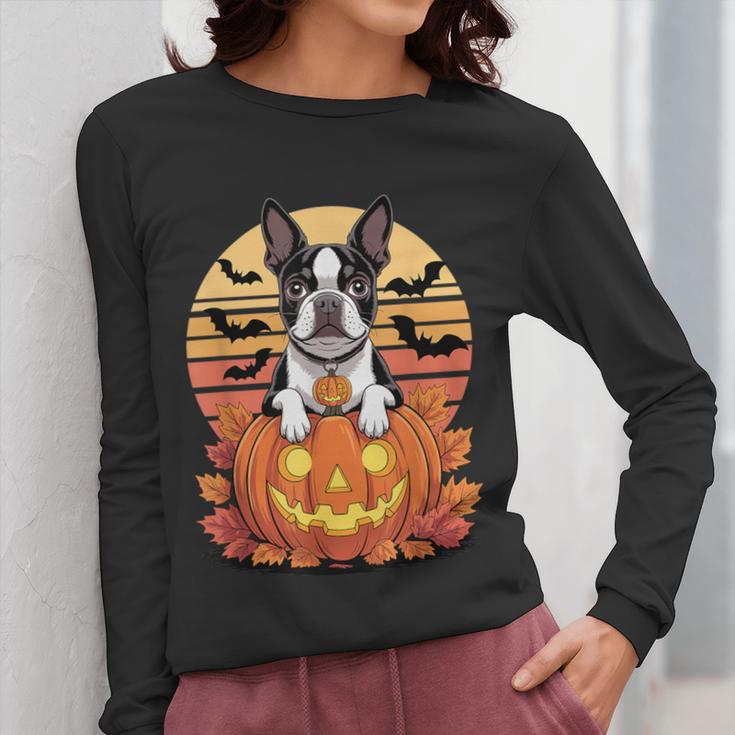 Halloween Retro Boston Terrier Women Long Sleeve T-Shirt, Boston Terrier Halloween Gifts, funny design