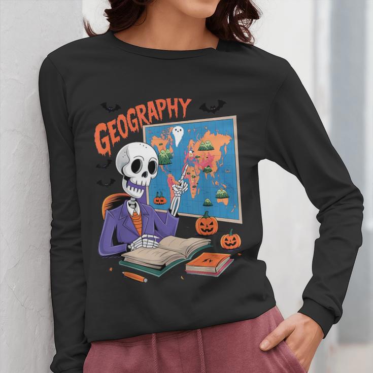 Halloween Skeleton Geography Teacher Pumpkin Bats Classroom Women Long Sleeve T-Shirt, funny design Halloween Skeleton Geography Teacher Pumpkin Bats Classroom Women Long Sleeve T-Shirt, funny design