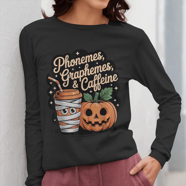 Halloween Teacher Phonemes Graphemes Caffeine Coffee Lover Women Long Sleeve T-Shirt, funny design Halloween Teacher Phonemes Graphemes Caffeine Coffee Lover Women Long Sleeve T-Shirt, funny design