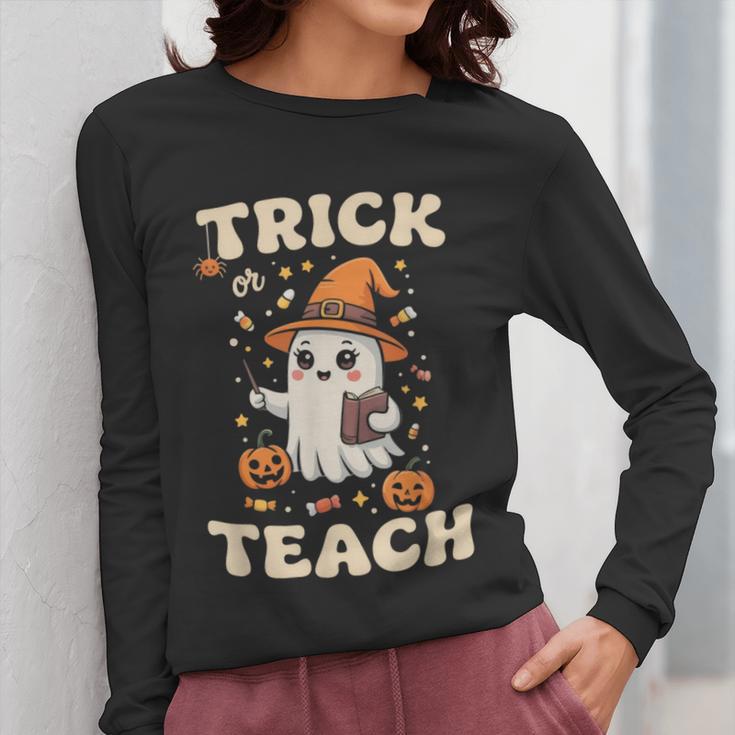 Halloween Teacher Shirts Women School Trick Or Teach Groovy Women Long Sleeve T-Shirt, Groovy Teacher Gifts, funny design