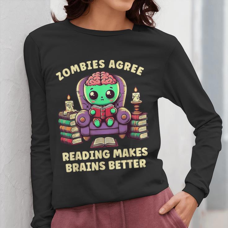 Halloween Teacher Zombie Reading Is Good For Brains Women Long Sleeve T-Shirt, funny design Halloween Teacher Zombie Reading Is Good For Brains Women Long Sleeve T-Shirt, funny design