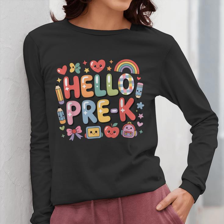 Hello Pre-K Back To School Teacher Student Fun Graphic Tee Women Long Sleeve T-Shirt, funny design