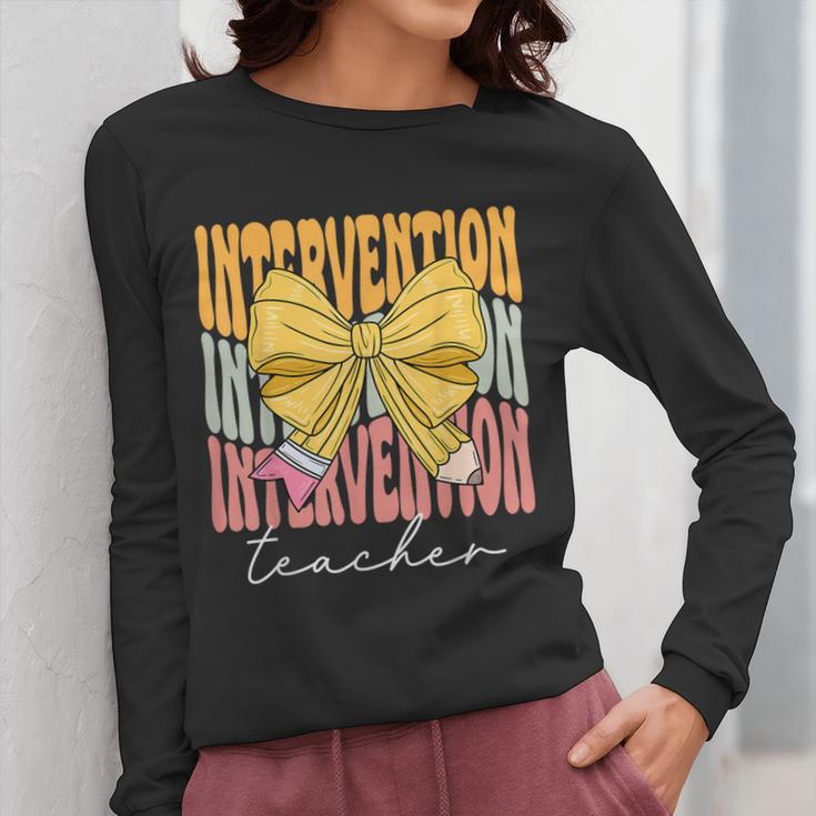Interventionist Teacher Groovy Coquette Bow Back To School Women Long Sleeve T-Shirt, Groovy Teacher Gifts, funny design Interventionist Teacher Groovy Coquette Bow Back To School Women Long Sleeve T-Shirt, Groovy Teacher Gifts, funny design