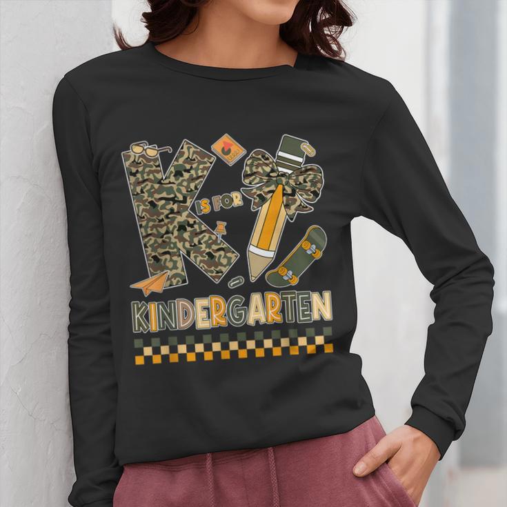 K Is For Kindergarten Teacher Coquette Bow Camo Women Long Sleeve T-Shirt, funny design