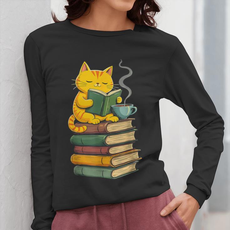 Kawaii Cats Lover Coffee Books Teacher Librarian Cat Women Long Sleeve T-Shirt, funny design