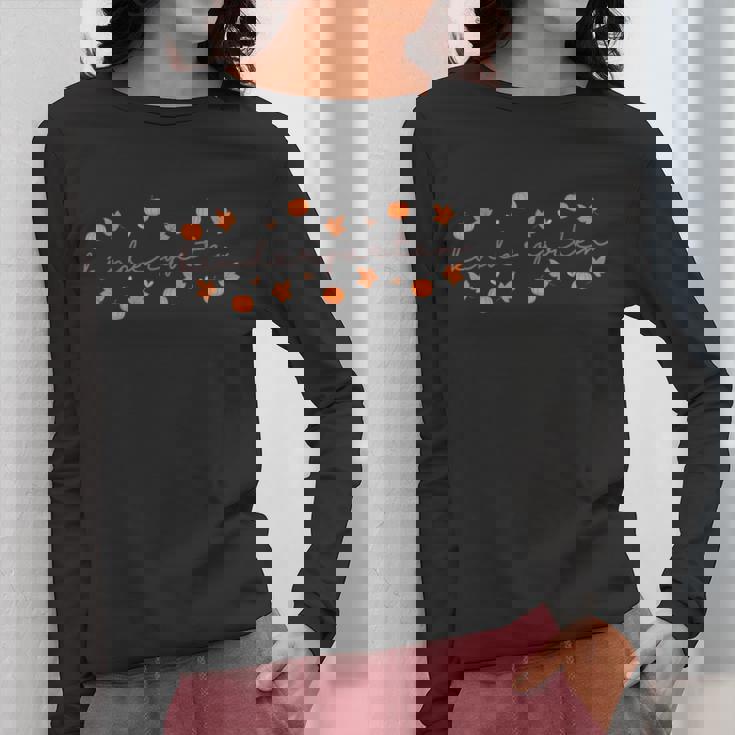 Kindergarten Teacher Pumpkin Autumn Leaves Kinder Team Fall Women Long Sleeve T-Shirt, funny design