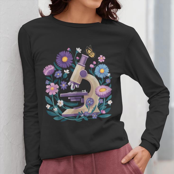 Microscope Flower Butterfly Biology Science Teacher Student Women Long Sleeve T-Shirt, Science Teacher Gifts, funny design