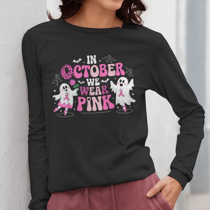 In October We Wear Pink Ballet Ghost Teacher Breast Cancer Women Long Sleeve T-Shirt, funny design In October We Wear Pink Ballet Ghost Teacher Breast Cancer Women Long Sleeve T-Shirt, funny design