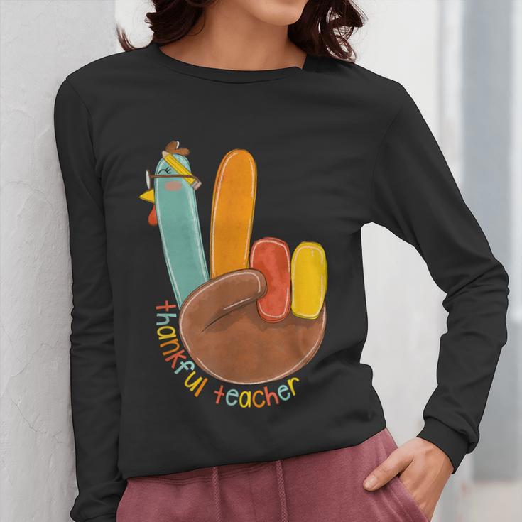 One Thankful Teacher Thanksgiving Turkey Peace Hand Sign Women Long Sleeve T-Shirt, funny design One Thankful Teacher Thanksgiving Turkey Peace Hand Sign Women Long Sleeve T-Shirt, funny design