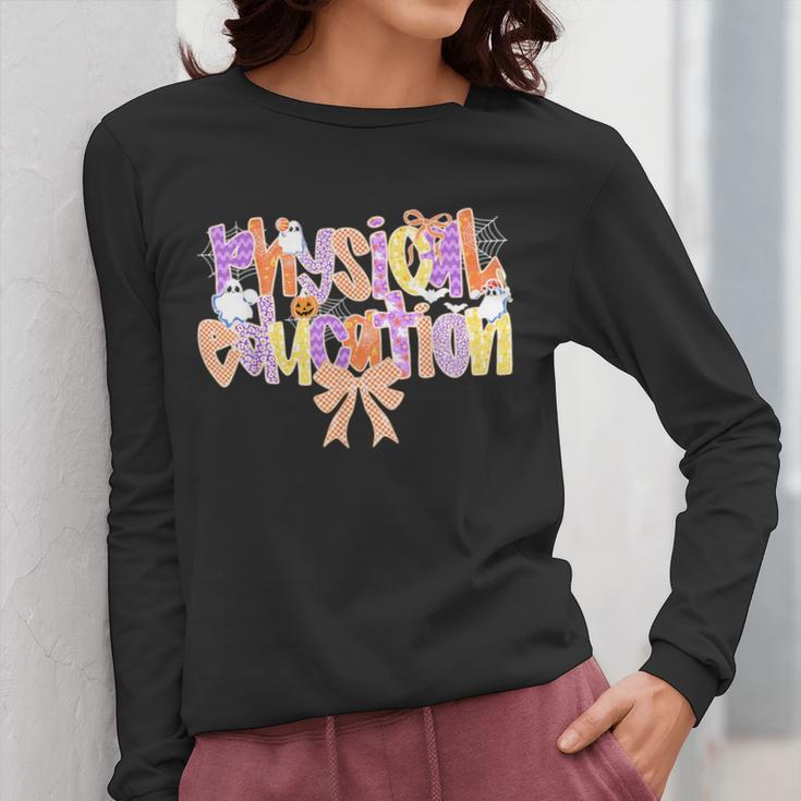 Physical Education Halloween Bow Checkered Teacher Ghost PE Women Long Sleeve T-Shirt, Pe Teacher Gifts, funny design