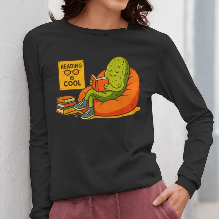 Pickle Reading Books Bookworm Teacher Librarian Kids Retro Women Long Sleeve T-Shirt, funny design
