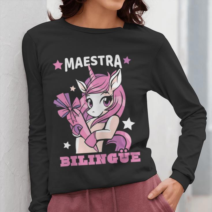 Pink Unicorn Spanish Teacher Regalos Para Bilingue Teacher Women Long Sleeve T-Shirt, funny design