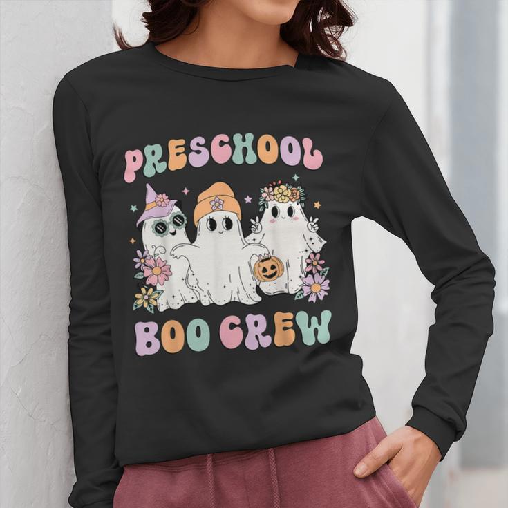 Preschool Boo Crew Groovy Halloween Floral Ghost Teacher Men Women Kids Women Long Sleeve T-Shirt, Groovy Teacher Gifts, funny design