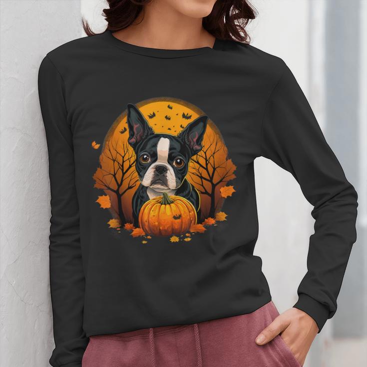 Pumpkin Boston Terrier Costume On Boston Terrier Halloween Women Long Sleeve T-Shirt, Boston Terrier Halloween Gifts, funny design