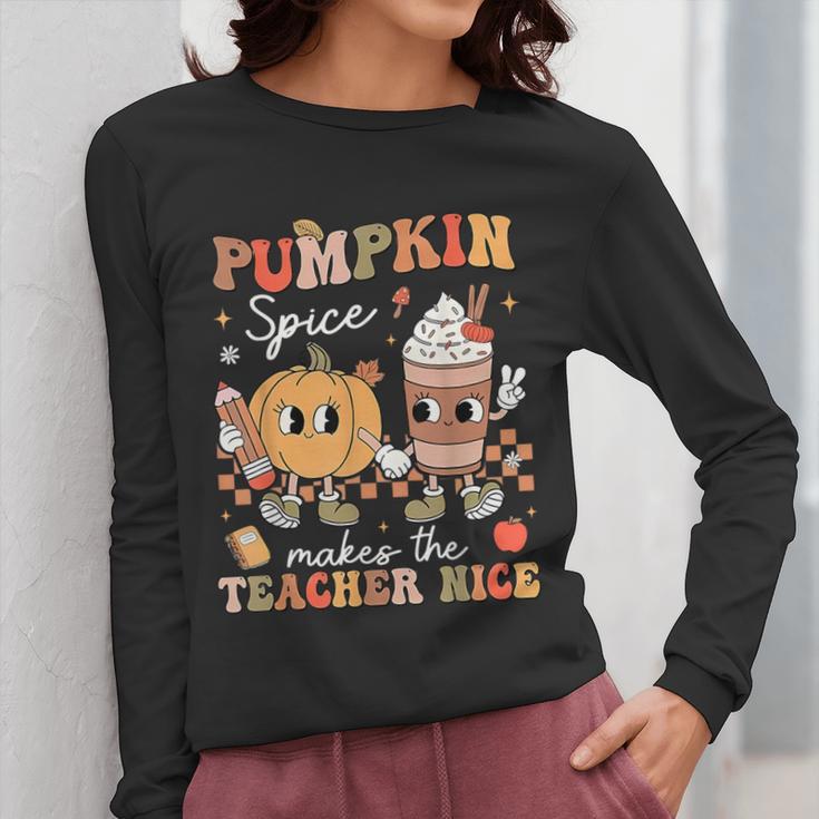 Pumpkin Spice Makes Teacher Nice Retro Fall Spooky Season Women Long Sleeve T-Shirt, funny design Pumpkin Spice Makes Teacher Nice Retro Fall Spooky Season Women Long Sleeve T-Shirt, funny design