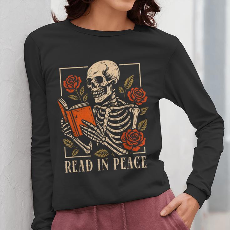 Read In Peace Skeleton Reading Book Halloween Teacher Women Long Sleeve T-Shirt, funny design