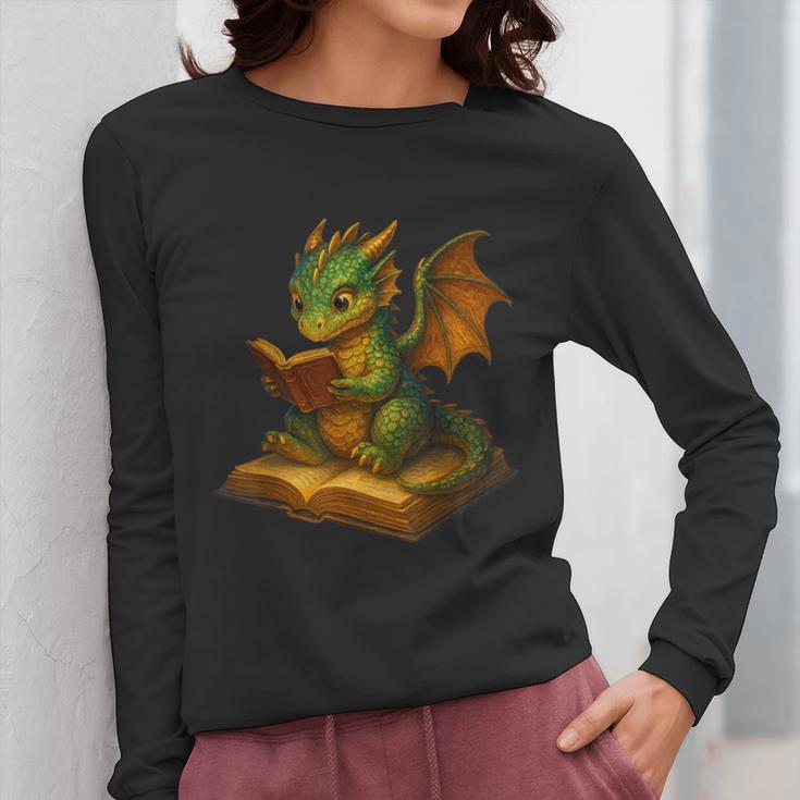 Reading Dragon Shirt For Bookish Teacher Librarian Bookworm Women Long Sleeve T-Shirt, funny design