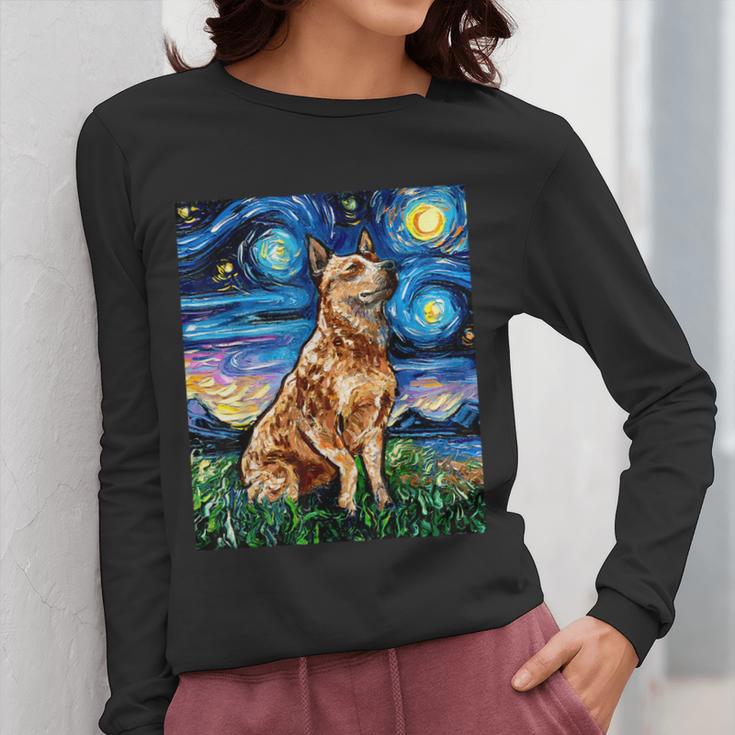 Red Heeler Starry Night Cattle Dog Colorful Art By Aja For Men Women Girls Kids Women Long Sleeve T-Shirt, funny design