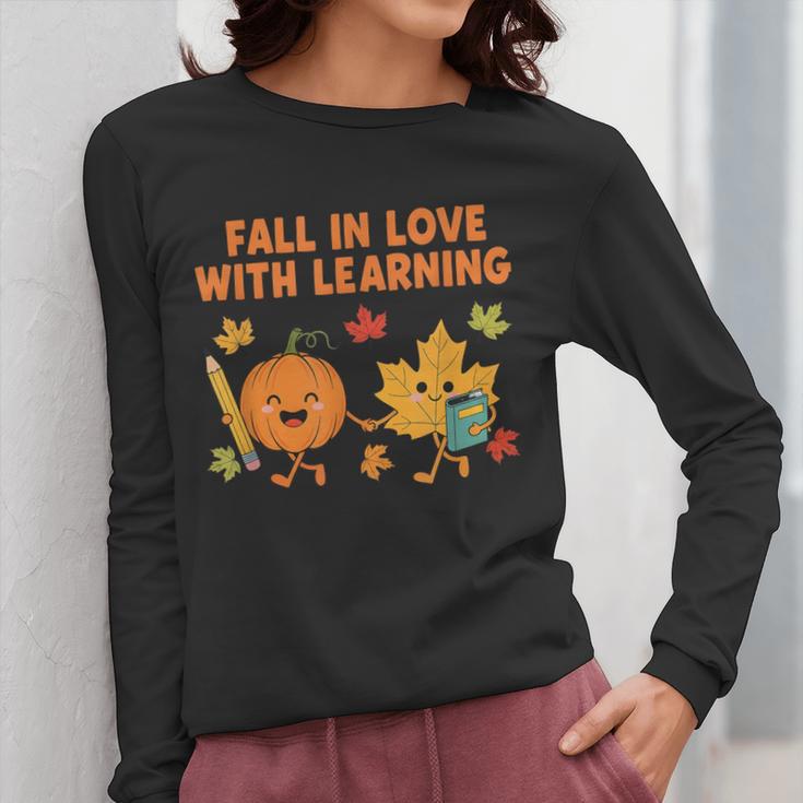 Retro Fall In Love With Learning Autumn Pumpkin Teacher Women Long Sleeve T-Shirt, funny design