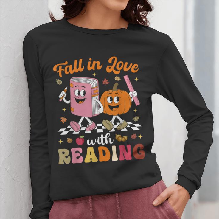 Retro Fall In Love With Learning Pumpkin Autumn Teacher Women Long Sleeve T-Shirt, funny design
