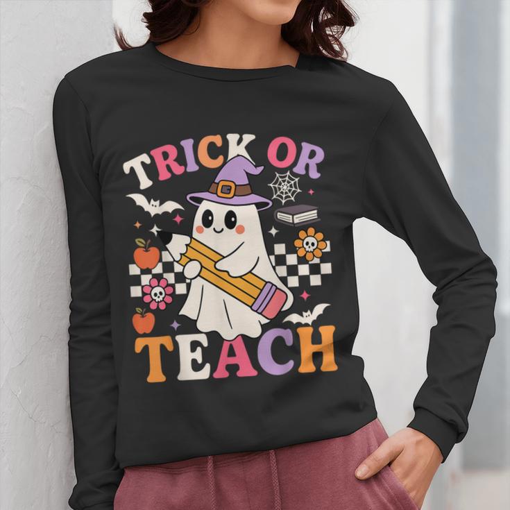 Retro Floral Ghost Trick Or Teach Groovy Teacher Halloween Women Long Sleeve T-Shirt, Groovy Teacher Gifts, funny design