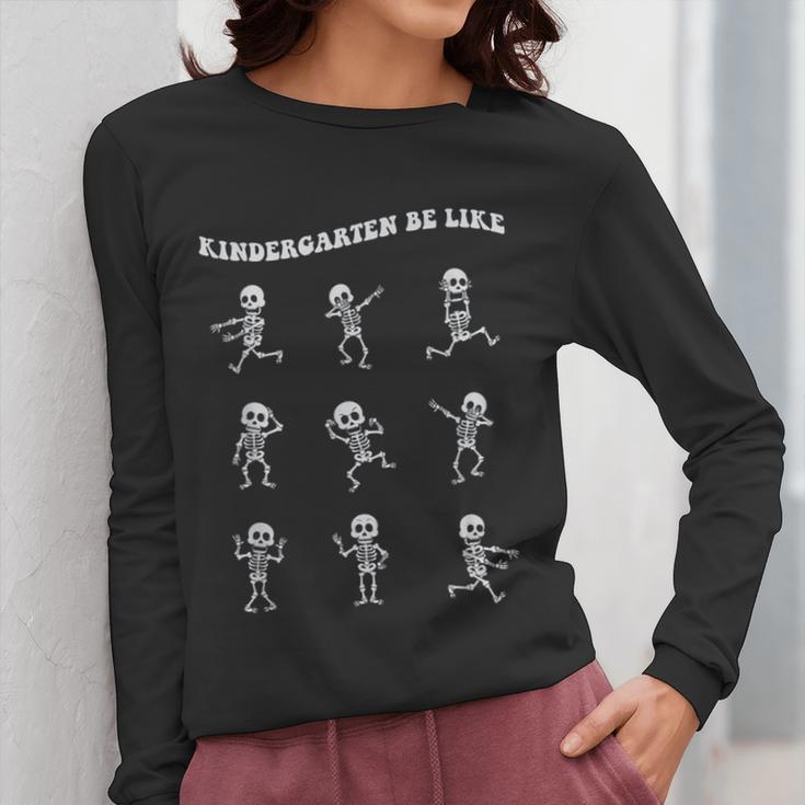 Retro Halloween Kindergarten Teacher Skeleton Trick Or Treat Men Women Kids Women Long Sleeve T-Shirt, funny design
