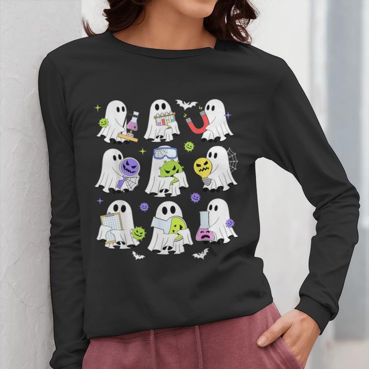 Retro Halloween Science Teacher Ghost Laboratory Teacher Women Long Sleeve T-Shirt, Science Teacher Gifts, funny design