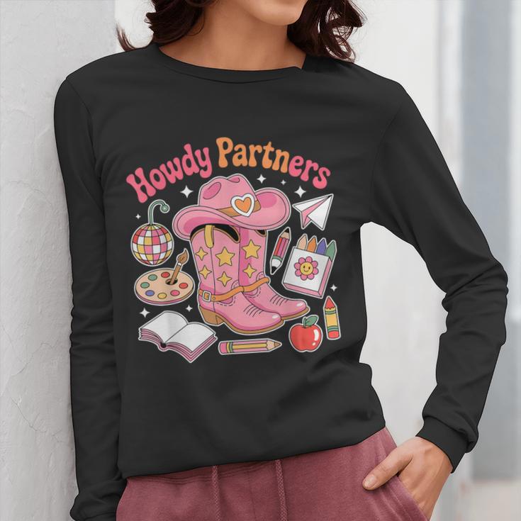 Retro Howdy Partners Cowgirl Cowboy Teacher Back To School Women Long Sleeve T-Shirt, funny design Retro Howdy Partners Cowgirl Cowboy Teacher Back To School Women Long Sleeve T-Shirt, funny design