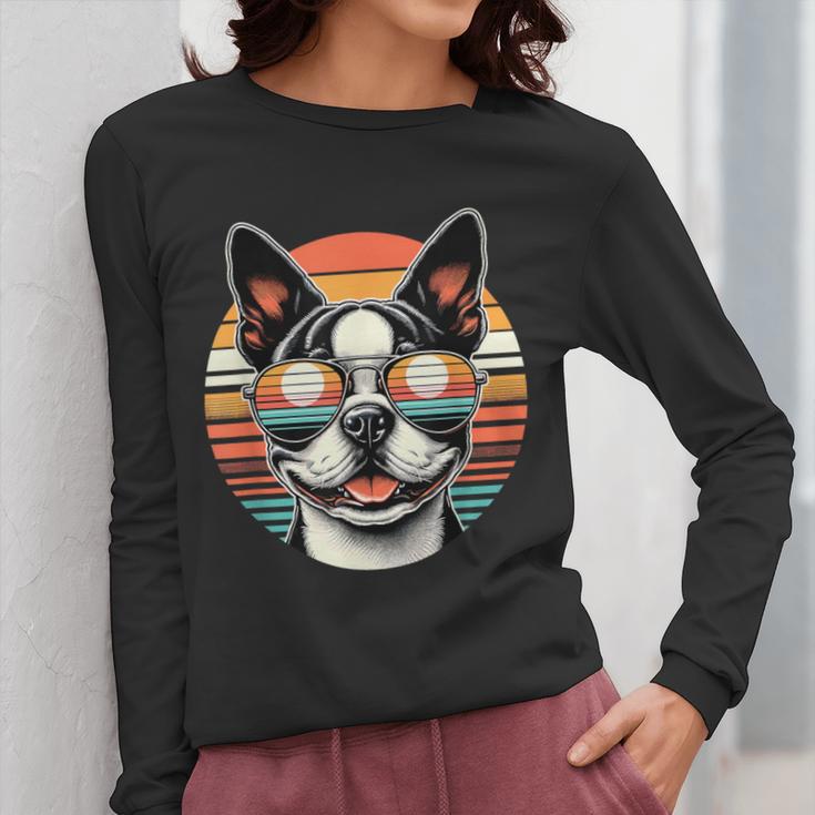 Retro Sunset Sunglasses Boston Terrier Boston Bull Bostie Women Long Sleeve T-Shirt, funny design