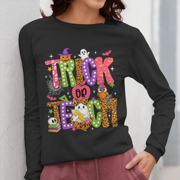 Retro Trick Or Teach Leopard Ghost Halloween Spooky Teacher Women Long Sleeve T-Shirt, funny design Retro Trick Or Teach Leopard Ghost Halloween Spooky Teacher Women Long Sleeve T-Shirt, funny design