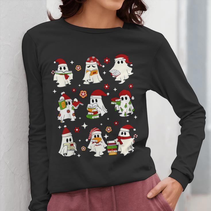 Santa Ghost Reading Books Christmas Library Teacher Women Long Sleeve T-Shirt, funny design