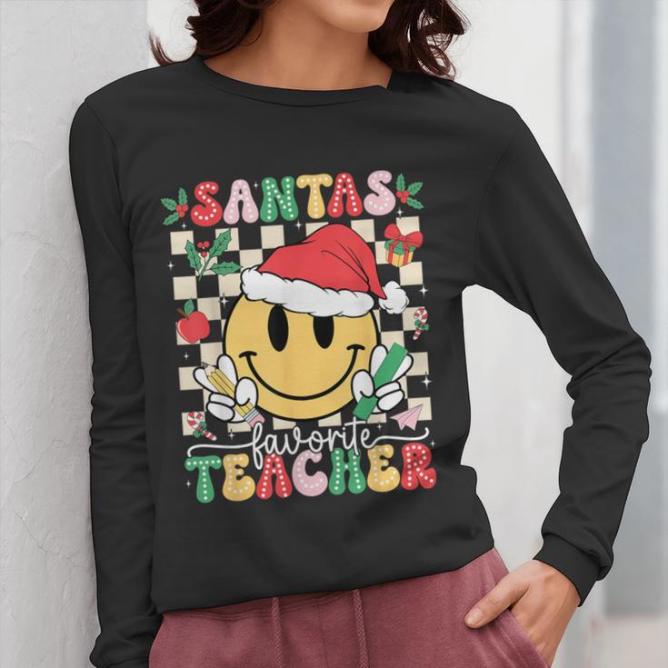Santas Favorite Teacher Retro Groovy Smile Face Christmas Women Long Sleeve T-Shirt, Groovy Teacher Gifts, funny design Santas Favorite Teacher Retro Groovy Smile Face Christmas Women Long Sleeve T-Shirt, Groovy Teacher Gifts, funny design