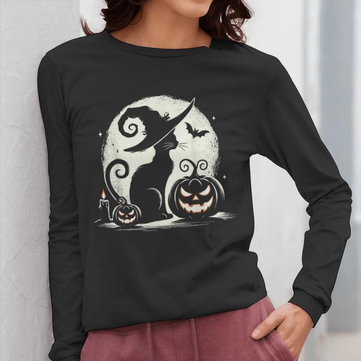 Scary Halloween Cat Costume Retro Cat Moon For Men Women Kids Women Long Sleeve T-Shirt, funny design