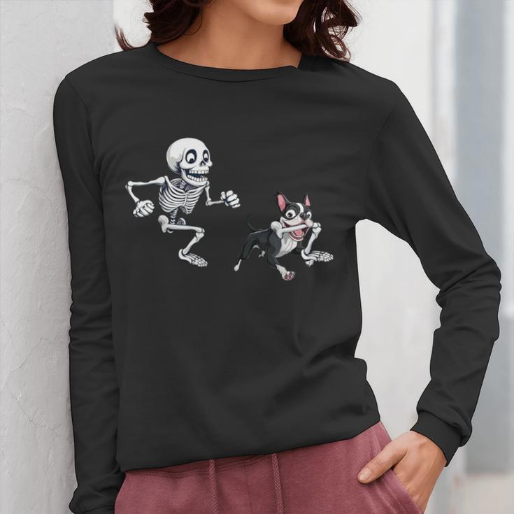 Skeleton Chasing Dog Boston Terrier Halloween Pet Lover Women Long Sleeve T-Shirt, Boston Terrier Halloween Gifts, funny design