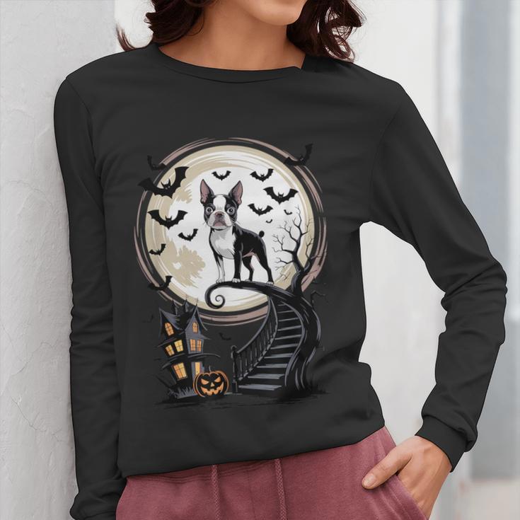 Spooky Halloween Moon Boston Terrier Boston Bull Bostie Women Long Sleeve T-Shirt, Boston Terrier Halloween Gifts, funny design