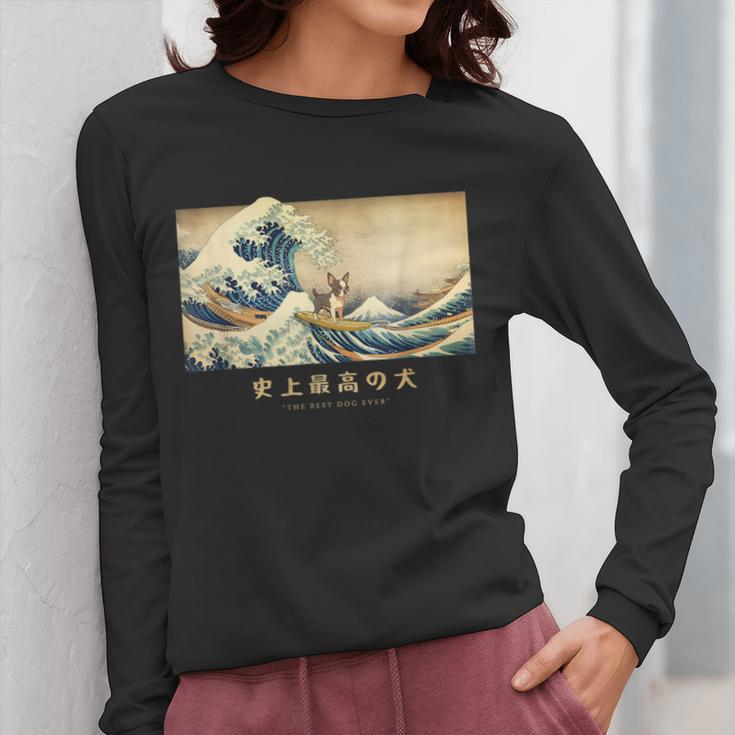 Surfing Boston Terrier Kanagawa Wave Japanese Dog For Men Women Kids Women Long Sleeve T-Shirt, funny design