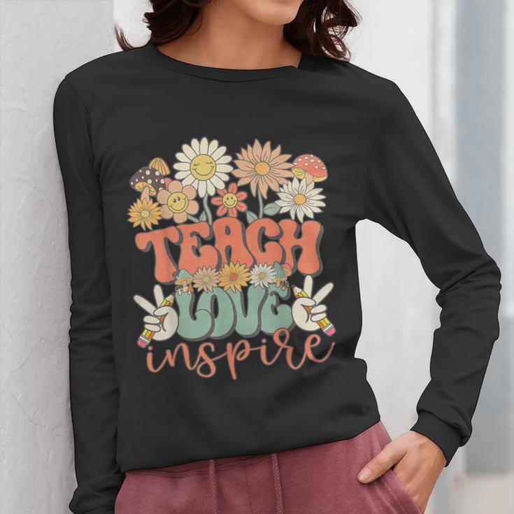 Teach Love Inspire Retro Groovy Daisy Back To School Teacher For Men Women Kids Women Long Sleeve T-Shirt, Groovy Teacher Gifts, funny design