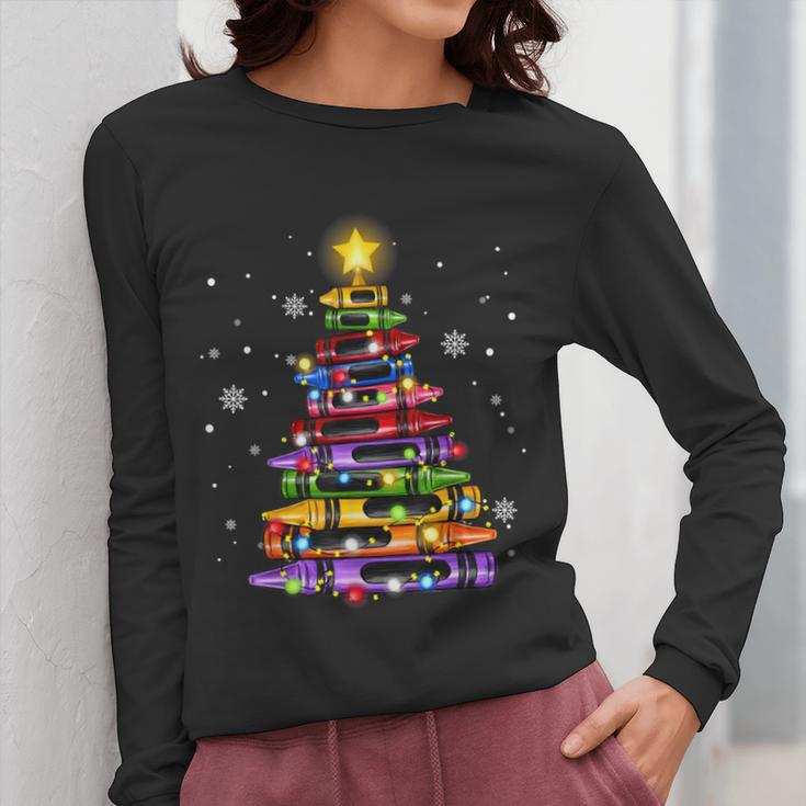 Teacher Crayon Christmas Tree Lights Student School Xmas Women Long Sleeve T-Shirt, funny design