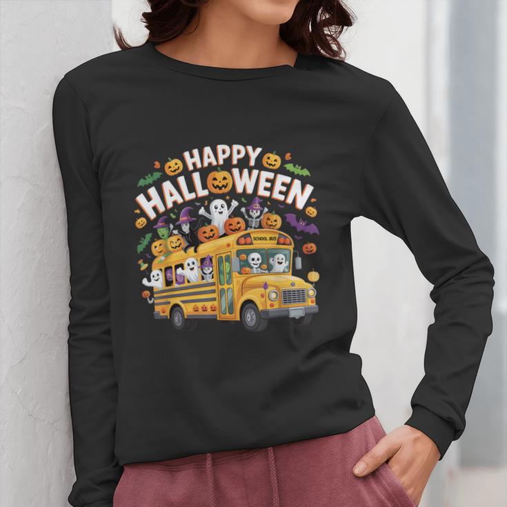 Teacher Halloween School Bus Driver Cute Ghost Witch Party Women Long Sleeve T-Shirt, funny design