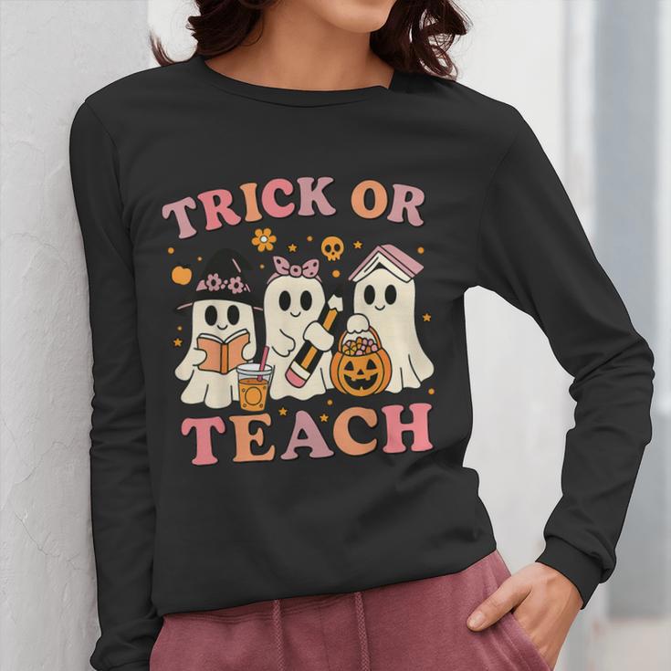 Teacher Halloween Trick Or Teach Cute Ghost Coffee Pumpkins Women Long Sleeve T-Shirt, funny design