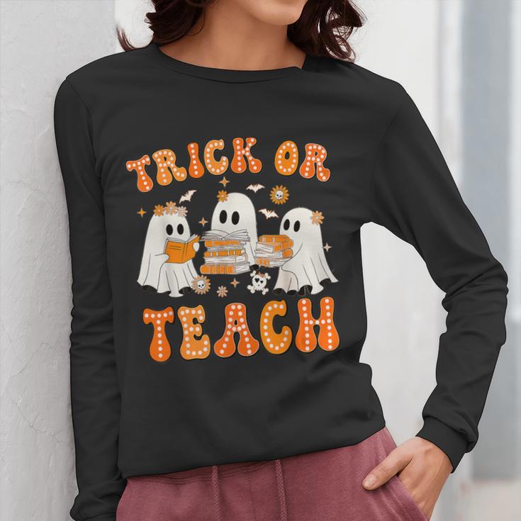 Teacher Halloween Trick Or Teach Retro Groovy Floral Ghost Women Long Sleeve T-Shirt, Groovy Teacher Gifts, funny design Teacher Halloween Trick Or Teach Retro Groovy Floral Ghost Women Long Sleeve T-Shirt, Groovy Teacher Gifts, funny design