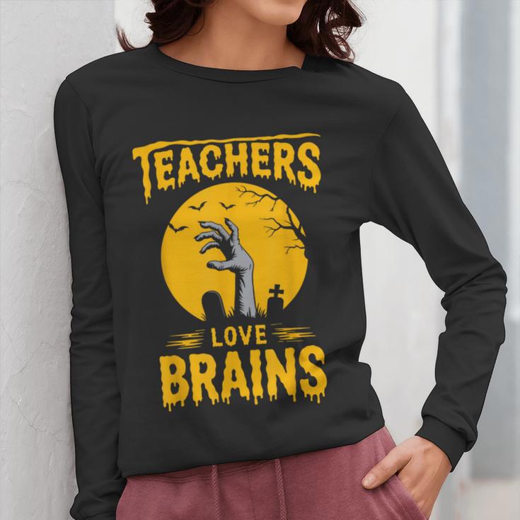 Teachers Love Brains Shirt Men Women Halloween Teacher Women Long Sleeve T-Shirt, funny design