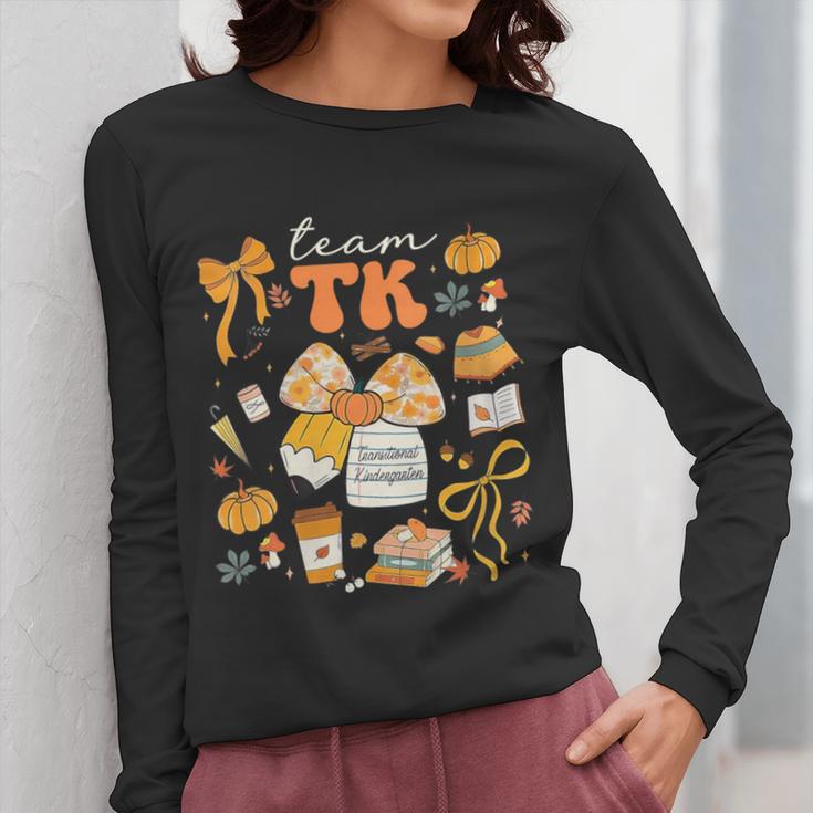 Team TK Crew Preppy Coquette Bow Pumpkin Fall TK Teacher Women Long Sleeve T-Shirt, funny design