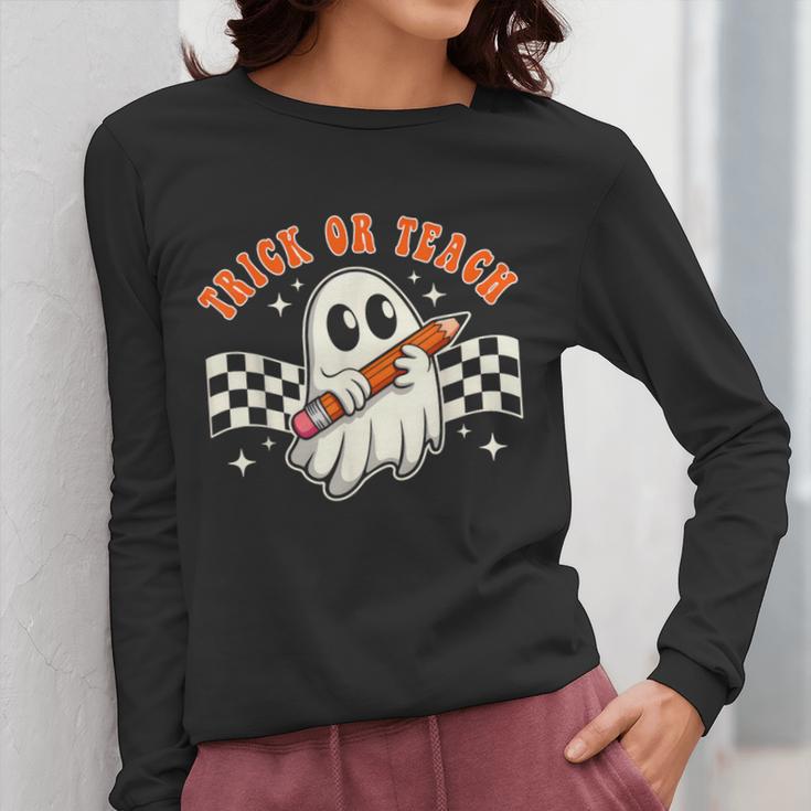 Trick Or Teach Groovy Retro Ghost Halloween Teacher Kids Women Long Sleeve T-Shirt, Groovy Teacher Gifts, funny design Trick Or Teach Groovy Retro Ghost Halloween Teacher Kids Women Long Sleeve T-Shirt, Groovy Teacher Gifts, funny design