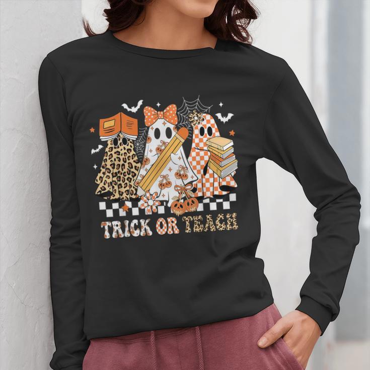 Trick Or Teach Groovy Teacher Halloween Floral Ghost Women Long Sleeve T-Shirt, Groovy Teacher Gifts, funny design