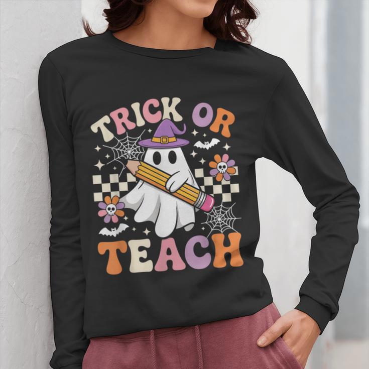 Trick Or Teach Groovy Teacher Halloween Retro Ghost Women Long Sleeve T-Shirt, Groovy Teacher Gifts, funny design