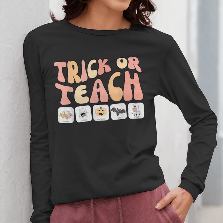 Trick Or Teach With Symbols Special Education Teacher Spooky Women Long Sleeve T-Shirt, funny design